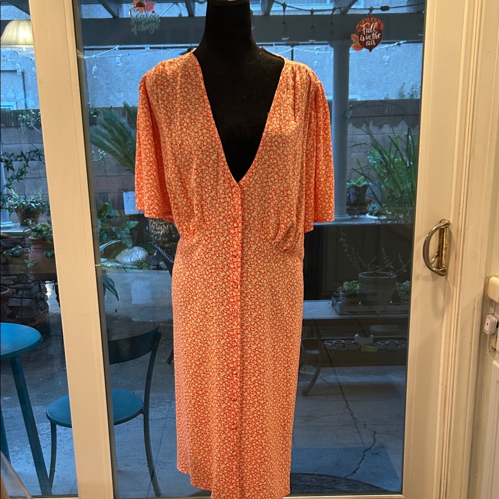 Women's Orange Floral Button-Front Midi Dress